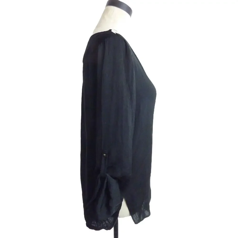 Zara Black V Neck Satin Blouse with 3/4 Sleeves M Top - Picture 3 of 6